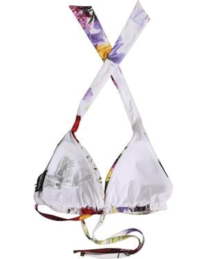 Dolce & Gabbana White Floral Print Triangle Beachwear Bikini Top
