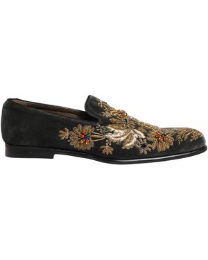Dolce & Gabbana Black Velvet Embellished Dress Loafers Shoes 
