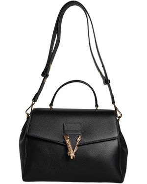 Versace Black Top Handle Grainy Calfskin Leather Crossbody Bag
