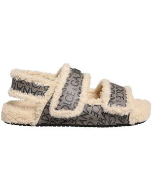 Dolce & Gabbana Beige Faux Fur Logo Print Flats Sandals Shoes - Natural