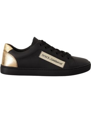 Dolce & Gabbana Black Gold Leather Low Top Trainers Shoes