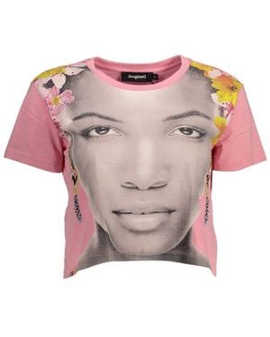 Desigual Face Print Crop Tee Short Sleeve Casual Top - Pink