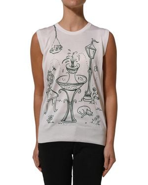 Dolce & Gabbana White Silk Knit Garden Fountain Print Tank Top - Gray