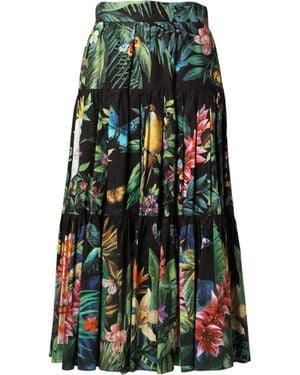 Dolce & Gabbana Black Cotton Floral High Waist Midi Skirt - Green