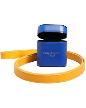 Dolce & Gabbana Blue Yellow Calfskin Leather Logo Strap Men Airpods Case