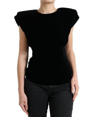 Dolce & Gabbana Velvet Fitted Padded Shoulder Blouse Top - Black