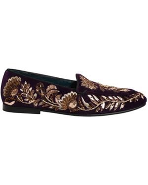 Dolce & Gabbana Violet Velvet Floral Embroidery Loafers Shoes - Multicolour
