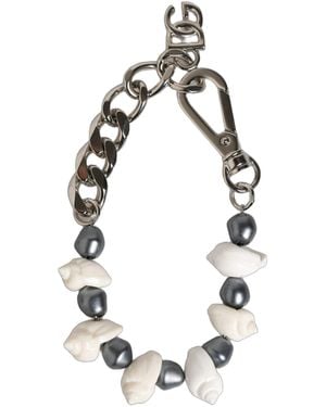Dolce & Gabbana Silver Tone Brass Beaded Shell Dg Logo Pendant Bracelet - White