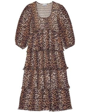 Ganni Pleated Georgette Leopard Midi Dress - Brown