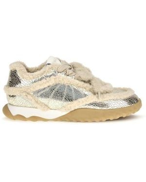 Pinko Silver Calf Leather Bos Taurus Chunky Trainers - Natural