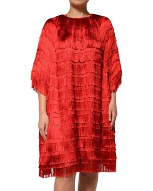 Dolce & Gabbana Red Silk Tiers Fringe Shift Knee Length Dress