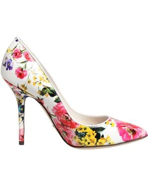 Dolce & Gabbana White Floral Leather High Heels Pumps Shoes - Pink
