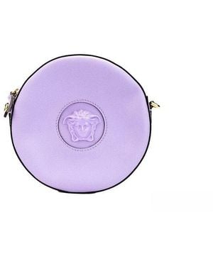 Versace Round Disco Lilac Pebbled Leather Camera Case Crossbody Bag Purse - Purple