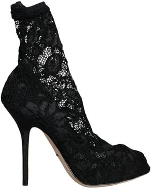 Dolce & Gabbana Lace Stretch Heels Mid Calf Boot Shoes - Black