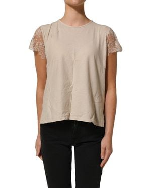 Pink Memories Beige Cotton Lace Detailing Round Neck Top - Natural
