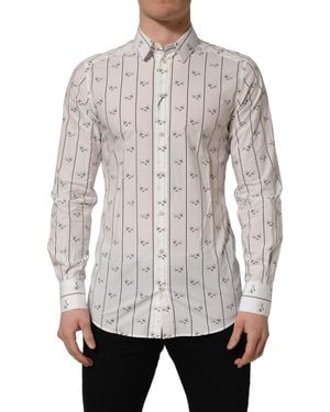 Dolce & Gabbana White Bee Print Cotton Gold Fit Dress Shirt - Grey
