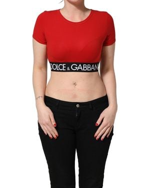 Dolce & Gabbana Red Cotton Logo Tape Cropped Short Sleeve T