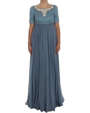 Dolce & Gabbana Silk Crystal Sheath Gown Ball Dress - Blue