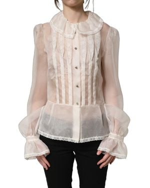 Dolce & Gabbana White Ruffled Sheer Silk Buttoned Blouse Top - Natural
