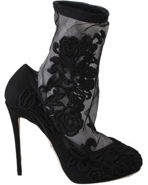Dolce & Gabbana Roses Stilettos Booties Socks Shoes - Black