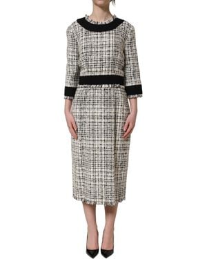 Dolce & Gabbana Bouclé Tweed Frayed Trim Midi Dress - Grey