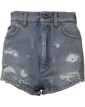 Dolce & Gabbana Blue Tattered Denim Cotton Hot Pants Shorts