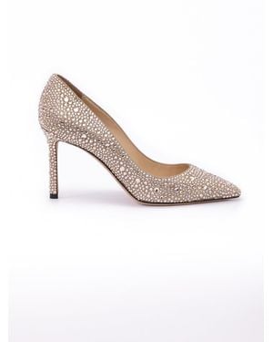 Jimmy Choo Honey Gold Shimmer Suede Crystals Romy 85 Court Shoes - White