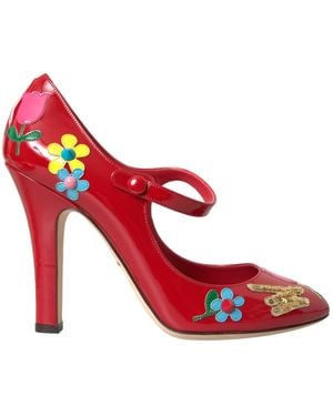 Dolce & Gabbana Leather Embellished Mary Jane Pumps Heels Shoes - Red