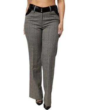 Bencivenga Grey Wool Blend Plaid Straight Leg Velvet Waist Trousers