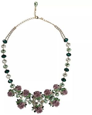 Dolce & Gabbana Brass Link Chain Rose Petal Crystal Necklace - Green