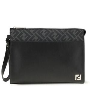 Fendi Leather Ff Canvas Pouch - Black