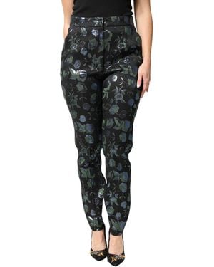 Dolce & Gabbana Bluegreen Floral Metallic Slim Trouser Pants - Black