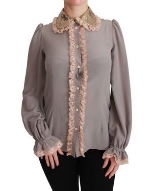 Dolce & Gabbana Silk Gold Sequin Lace Blouse Shirt - Brown