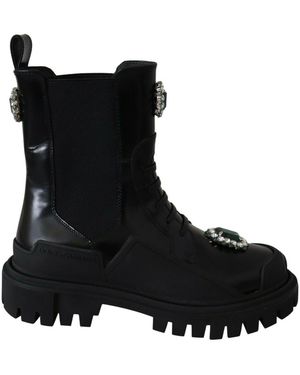 Dolce & Gabbana Leather Crystal Combat Boots - Black