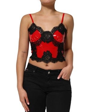 Dolce & Gabbana Red Black Lace Trim Polyester Sleeveless Tank Top