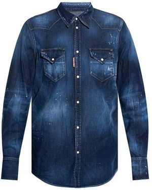 DSquared² Distressed Denim Shirt With Classic Collar - Blue