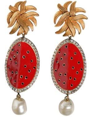 Dolce & Gabbana Red Watermelon Gold Brass Crystal Clip Dangling Earrings