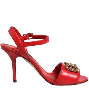 Dolce & Gabbana Leather Dg Amore Heels Sandals Shoes 100Lf - Red
