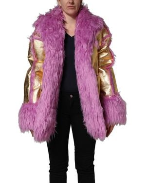 Dolce & Gabbana Pink Plush Faux Fur Gold Leather Coat Jacket - Purple