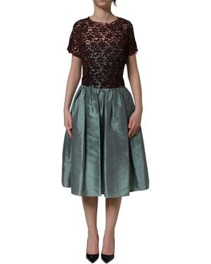 Dolce & Gabbana Floral Lace Taffeta Pleated Midi Dress Silk Cotton Nylon - Purple