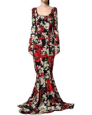 Dolce & Gabbana Black Floral Silk Long Sleeves Gown Dress - Red