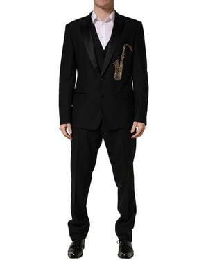Dolce & Gabbana Black Wool Silk Saxophone Slim Fit 3pc Suit