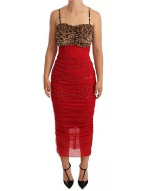 Dolce & Gabbana Leopard Tulle Sheath Midi Dress - Red
