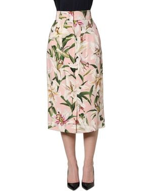Dolce & Gabbana Pink Lilies Print Pencil Midi Viscose Skirt - Natural