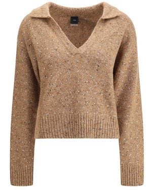 Pinko V-Neck Sweater With Rhinestones - Brown