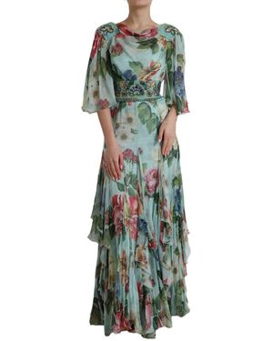 Dolce & Gabbana Floral Print Tiered Long Maxi Dress - Green
