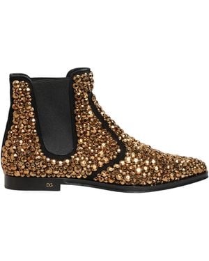 Dolce & Gabbana Gold Embellished Chelsea Ankle Boots Shoes - Brown