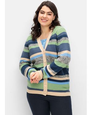 Sheego Gestreifte Strickjacke mit V-Ausschnitt - Grau