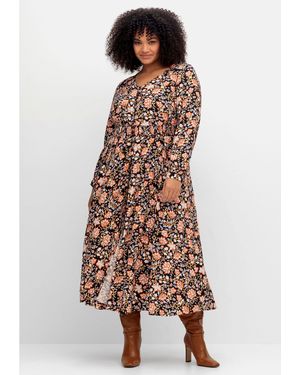 Sheego Maxikleid mit Blumenprint und gesmokter Taille - Mehrfarbig
