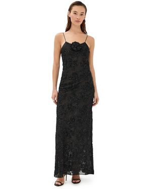 Rodarte Floral Sequin Embroidered Slip Gown With Silk Floral Pin - Black